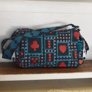Kipling Playing Cards Print Nylon Shoulder Bag Turquoise Grey Red Hearts Clubs